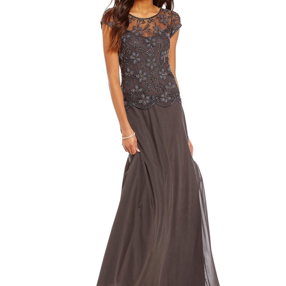 NWT  Women's Beaded Mock Two-piece Cap Sleeve Gown